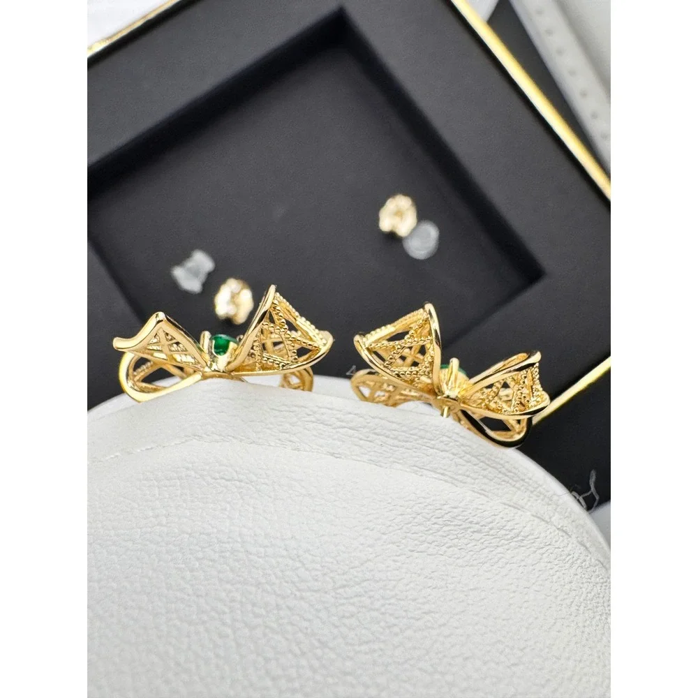 Gold Tone Lattice Bow Stud Earrings with Green Center Stone Coquette‎ Style